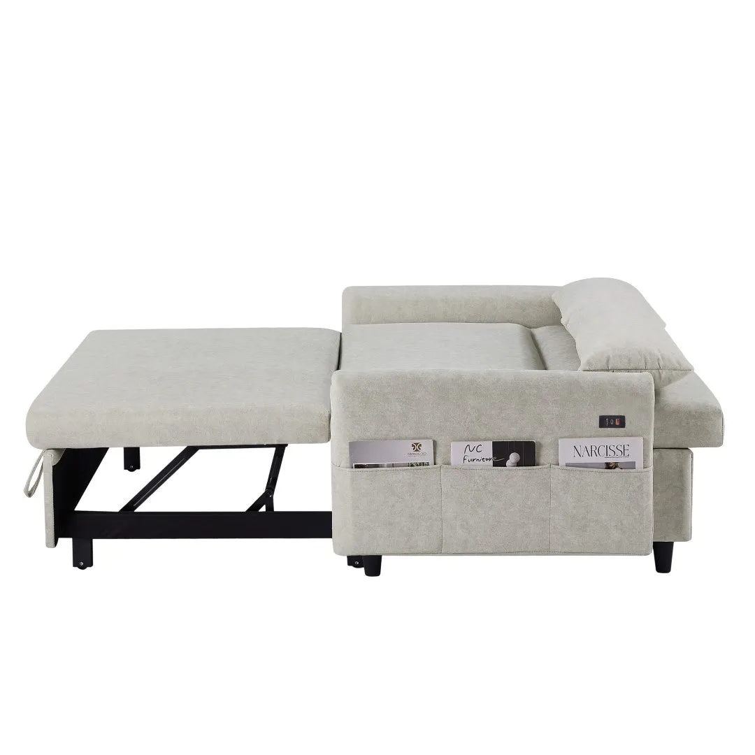 55.1" Pull Out Sleeper Loveseat with Adjustable Backrest, Storage Pockets, USB Ports, 2 Pillows - Beige