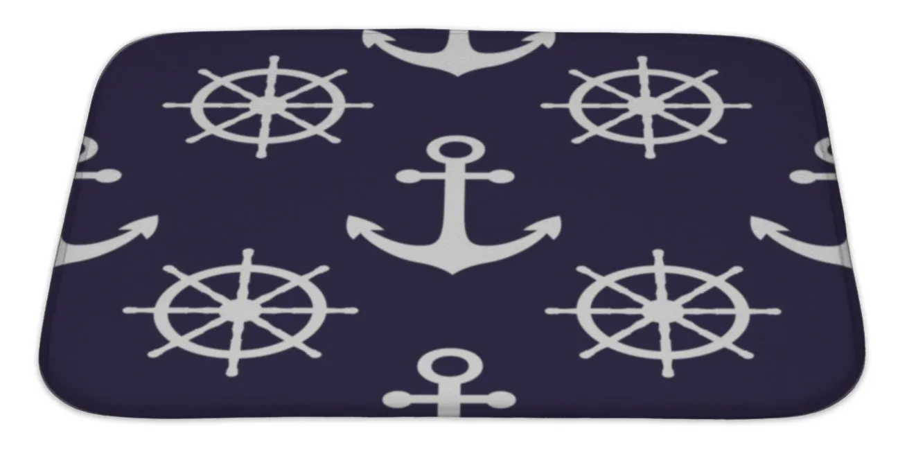 Bath Rug Mat No Slip Microfiber Memory Foam, Navy Blue White Anchors Marine Nautical Sea Theme Cute , 34x21