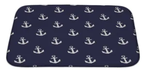 Bath Rug Mat No Slip Microfiber Memory Foam, Pattern With Anchors Nautical Navy Blue, 34x21