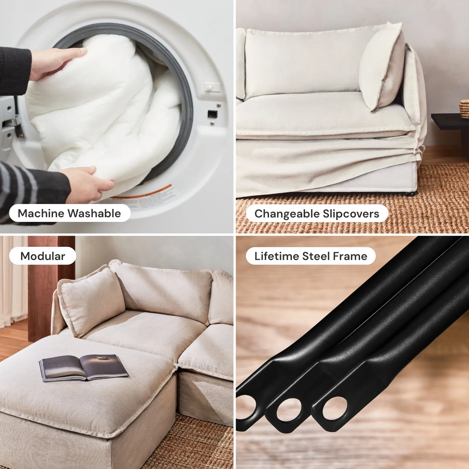 Modular Washable 9-Seater Open-Ends U-Sectional in Milk | Deluxe  Seat | Cloud Pillow