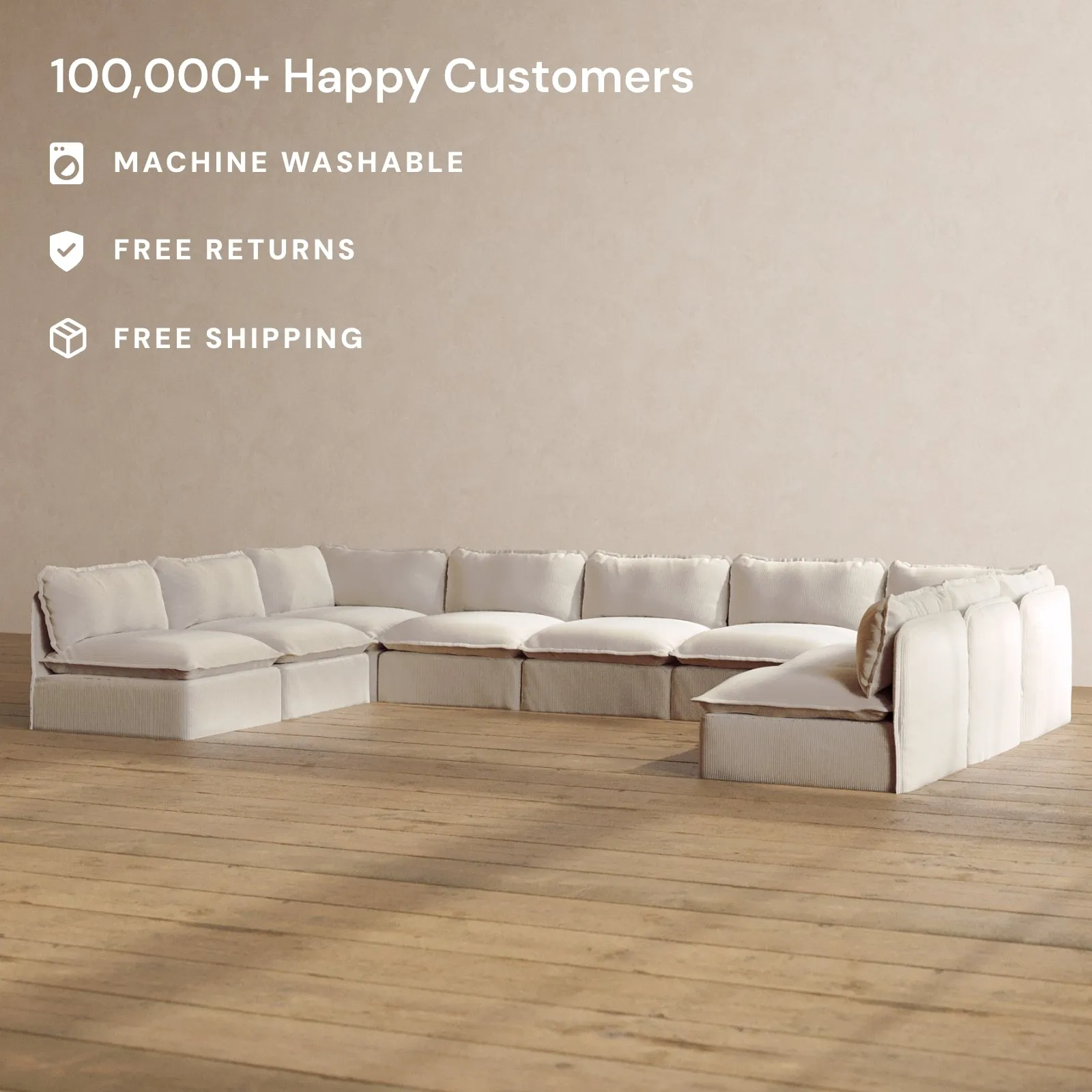 Modular Washable 9-Seater Open-Ends U-Sectional in Milk | Deluxe  Seat | Cloud Pillow