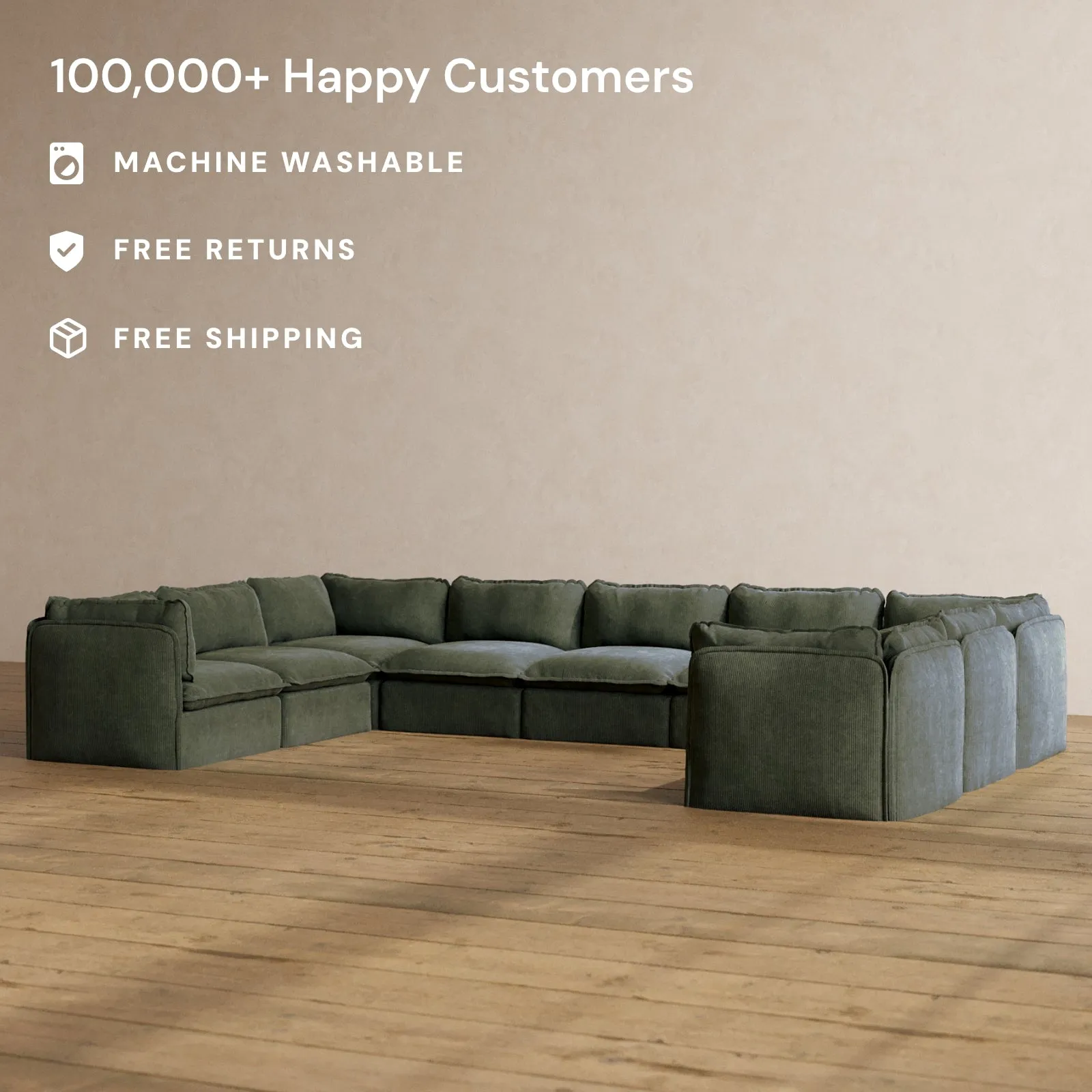 Modular Washable 9-Seater U-Sectional in Olivine | Deluxe  Seat | Cloud Pillow