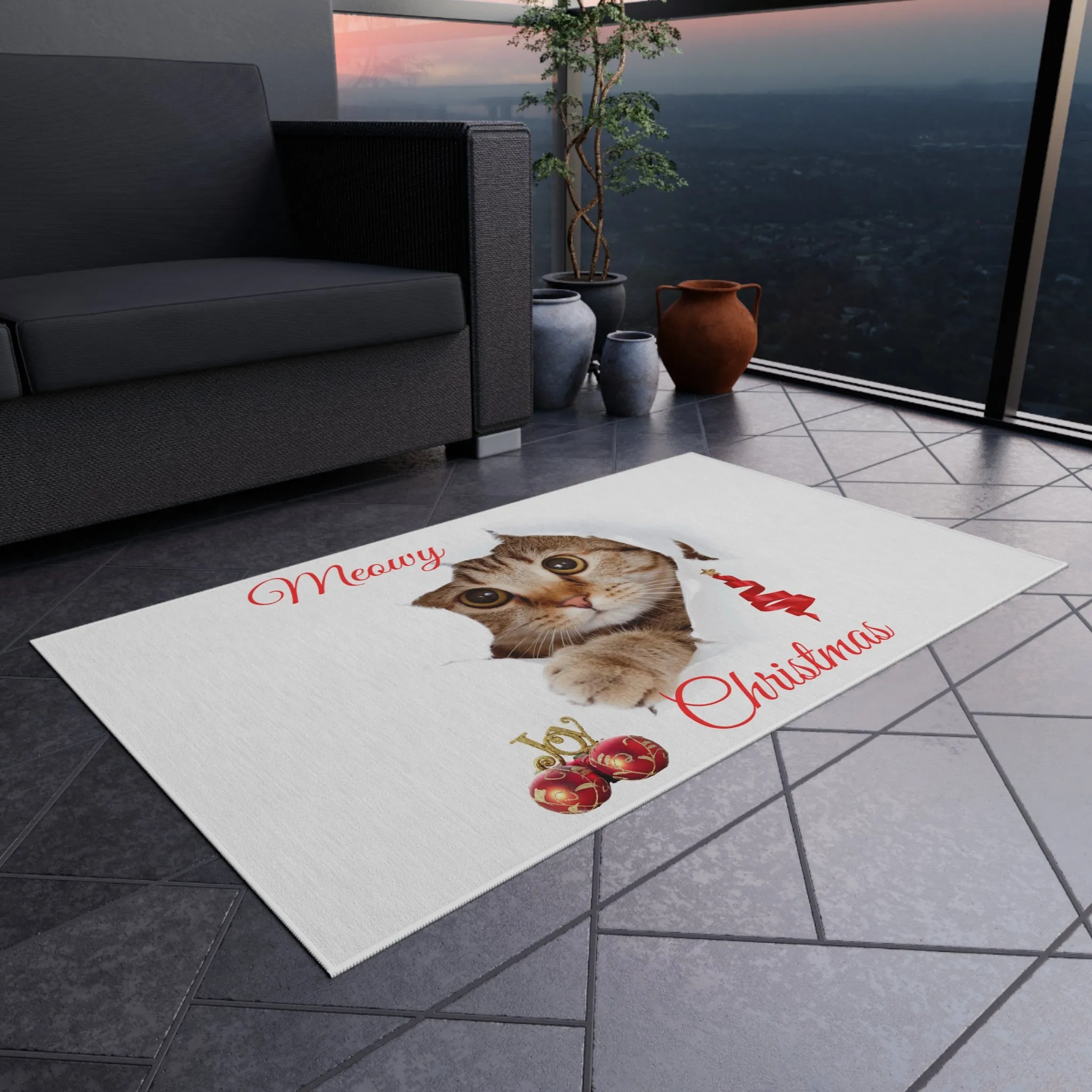 Peeking Christmas Kitty Cat Outdoor Rug