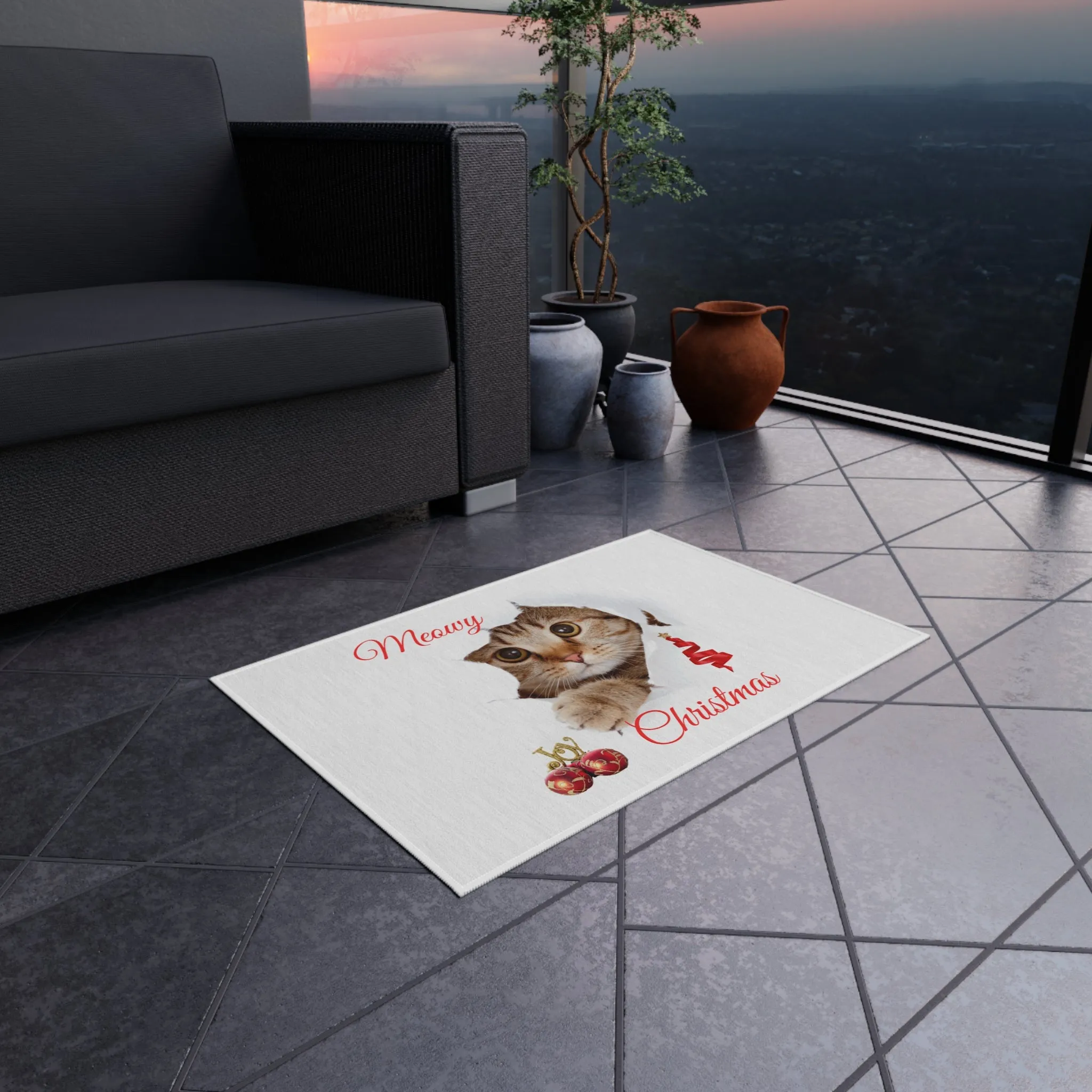 Peeking Christmas Kitty Cat Outdoor Rug