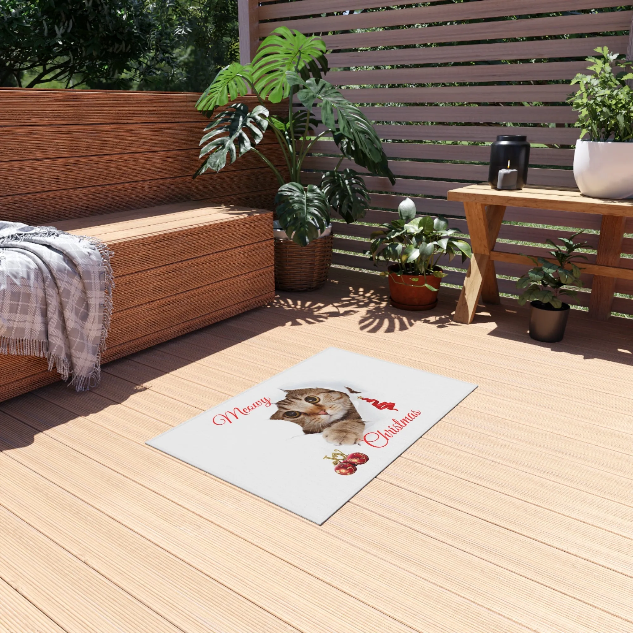 Peeking Christmas Kitty Cat Outdoor Rug
